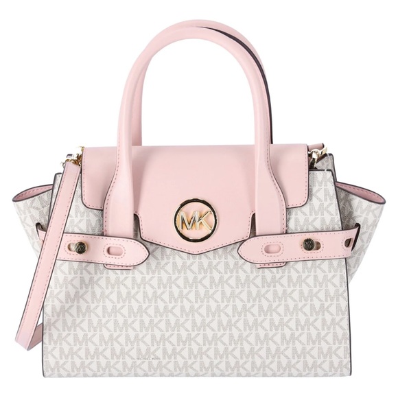 Michael Kors Carmen Medium Flap Satchel Vanilla MK Signature Powder Blush Pink - Picture 2 of 8